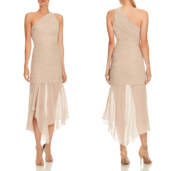 Halston Heritage One Shoulder Metallic Champagne Gold Trumpet Dress Size 8 - Picture 1 of 15